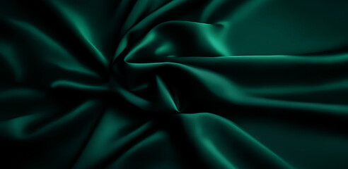 Premium satin cloth texture for business. Luxurious cold dark blue fun british racing emerald green silk fabric with elegant, flowing drapes and soft sheen. Sleek bedding, sheet. Shiny folds