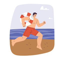 Man Running With Lifebuoy On Beach With Ocean Waves And Cloudy Sky During Daytime