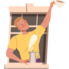 Man In Yellow T-shirt Holds Up Cup Of Coffee Over Steam From Coffee Pot While Looking Upwards Through Window Frame With Soft Light