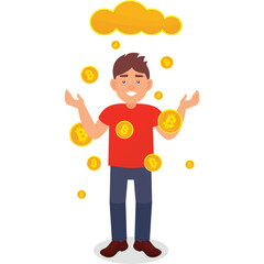 Man Juggling Bitcoin Coins Under a Golden Cloud Illustration Isolated on White Background