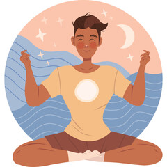 Man Meditating Calmly In Lotus Pose Under A Crescent Moon And Stars With Gentle Waves In The Background In Pastel Colors