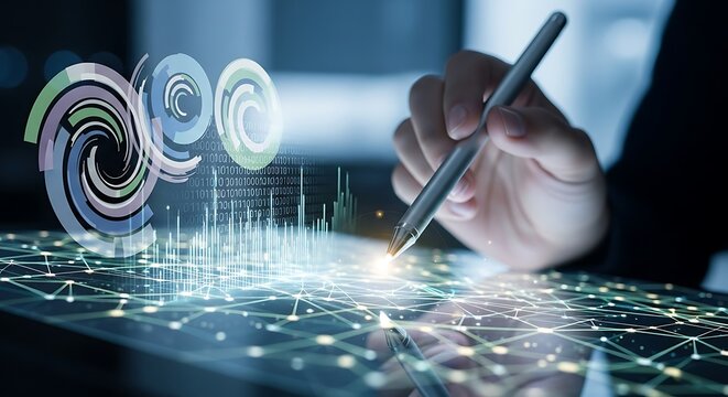 Creative data analysis and digital transformation concept demonstrating modern technology solutions for business enhancement and the intelligent automation of processes using a tablet and digital pen