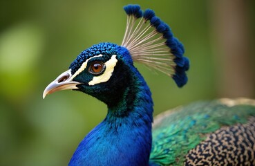 Male peacock head profile. Bright blue green feathers iridescent sheen. Bird crown fans outward showing intricate feather details. Nature wildlife portrait.