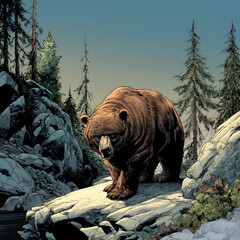 Cinematic illustration of a wild bear walking through snowy mountain forest
