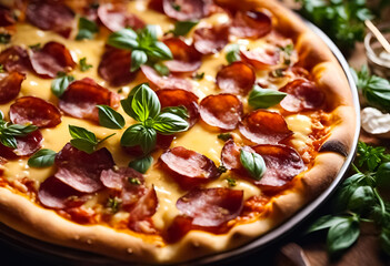 AI Generative illustration of a traditional Italian Pizza on a wooden table