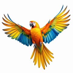 Fototapeta premium Colorful macaw parrot in flight, isolated on white background, wings spread, vibrant feathers, tropical bird, exotic wildlife, nature illustration
