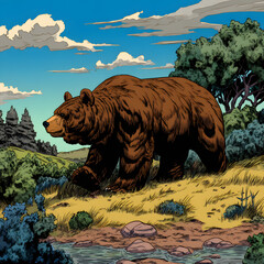 Illustration of a wild bear walking through grassland and forest landscape
