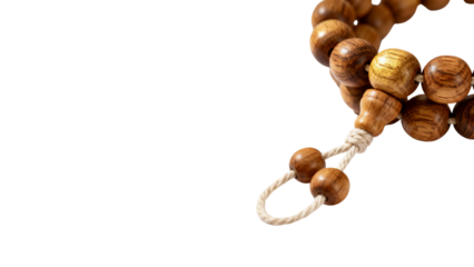 Close-up of traditional wooden prayer beads with a simple knot, symbolizing spiritual practice and meditation and devotion.