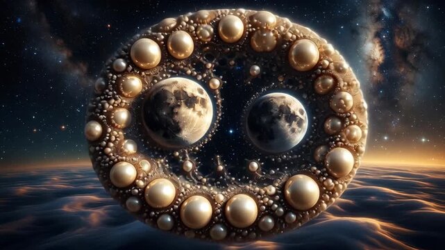 Abstract golden pearl ring with crescent moons rotating in cosmic space over cloudscape, sci-fi animation - Powered by Adobe