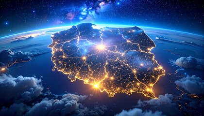 Glowing map of a country, illuminated with city lights, floating above cloudy atmosphere against a starry background