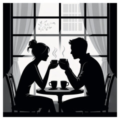 Couple silhouetted in cafe enjoying coffee together at table