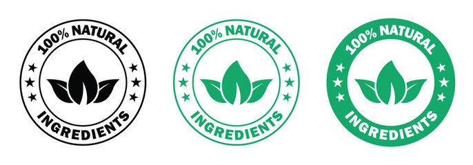 natural ingredients icon label. organic food badge with leaf, pure product stamp, 100% natural seal, eco-friendly sticker design, healthy organic emblem vector illustration.