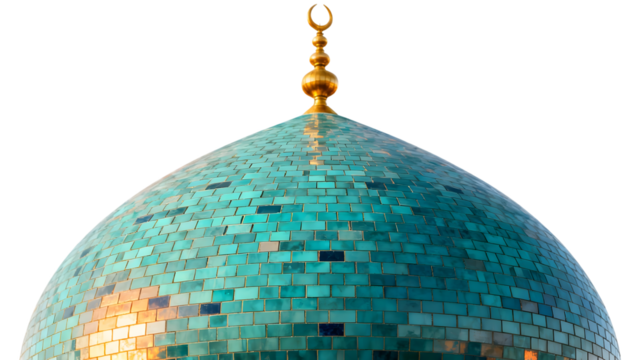 Close-up view of a vibrant turquoise tiled dome with a golden crescent finial against a white background.