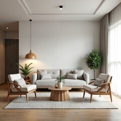 Fototapeta premium Modern living room with sofa, armchairs, coffee table, plants. Natural light streams through curtains, creating calm ambiance. Neutral tones, wood accents define minimalist decor. Comfortable space