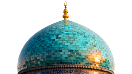 Close-up of a beautiful turquoise tiled dome with a golden crescent finial, reflecting sunlight against a white background.
