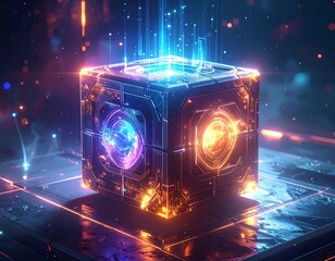 Futuristic digital cube glowing with ethereal energy, surrounded by light trails and bokeh, representing advanced technology