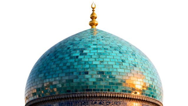 Close-up of a beautiful turquoise tiled dome with a golden crescent finial, reflecting sunlight against a white background.