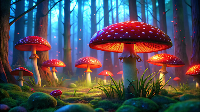 Fantasy landscape with fly agaric mushrooms in the dark forest - Powered by Adobe