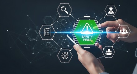 Business people interacting with a digital interface showing safety first concept with icons representing different aspects of workplace safety and compliance