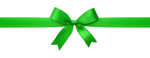 Green ribbon with bow isolated on white background.