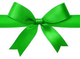 Green ribbon with bow isolated on white background.