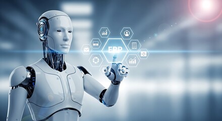 Robot interacting with a futuristic holographic interface displaying erp system icons and data on a blurred background