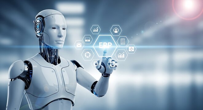 Robot interacting with a futuristic holographic interface displaying erp system icons and data on a blurred background