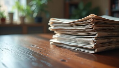 Stack of newspapers on wooden table. Print media for news reading, information access. Daily articles, journals for business updates, global reports. Paper documents for public knowledge sharing.