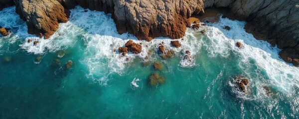 Aerial view of ocean waves crashing on rocky shore. Deep blue water meets brown cliffs and white sea foam. Coastal landscape with rugged natural beauty and clear azure sea.