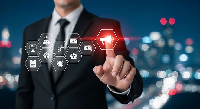 Businessman touching a digital interface with marketing and business icons, representing digital marketing and business strategy