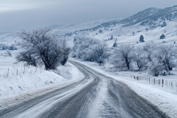 Obraz premium Quiet countryside road in fresh snow, cool light and tranquil mood