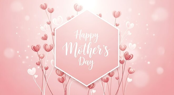 Delicate Mothers Day greeting card with floral heart designs and soft pink background showcasing affection and love with a stylized modern hexagon shape in the center displaying the festive message - Powered by Adobe