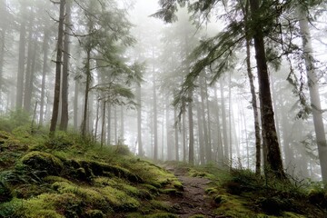 Fototapeta premium Quiet forest scene: foggy ambience and green hues