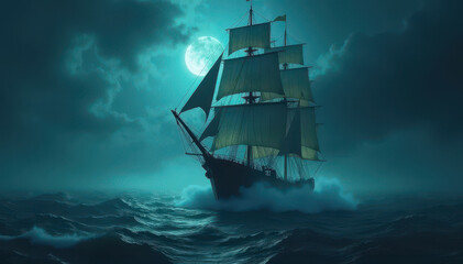 Obraz premium A majestic ship navigates turbulent waters beneath a full moon and dramatic clouds, evoking a sense of mystery and adventure.