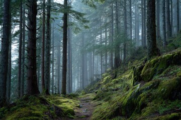 Obraz premium Quiet woodland scene: tall evergreens, moss, and serene atmosphere