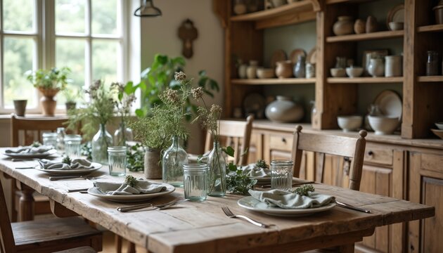 Rustic farmhouse kitchen dining table setting. Vintage wooden furniture decor. Glass vases with green plants. Plates with napkins near wooden chairs. Bright interior with window.