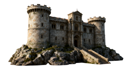 A majestic medieval stone castle with round towers and a grand entrance, perched atop a rugged rocky hill.