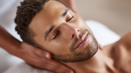 In a serene spa setting, a young man receives a soothing massage that helps relieve stress and tension. His face shows pure relaxation as skilled hands work to unwind his muscles