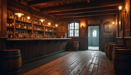Old western saloon interior with bar shelves stocked full of liquor bottles. Dimly lit by hanging lamps over worn wooden floorboards and rustic decor. Empty space for text on the right side.