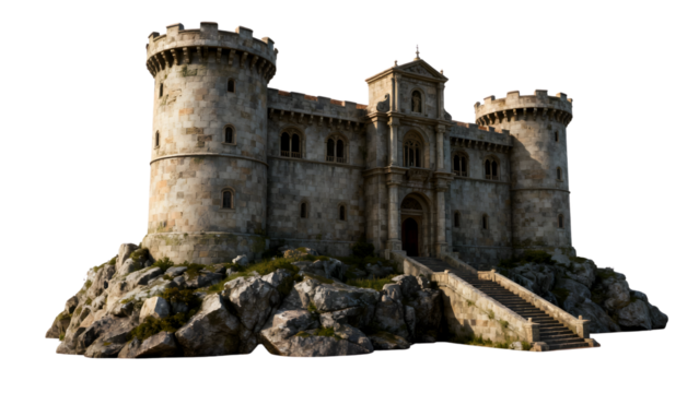 A majestic medieval stone castle with round towers and a grand entrance, perched atop a rugged rocky hill.