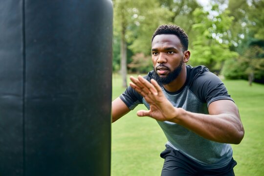 Man training boxing with punching bag outdoor fitness workout exercise