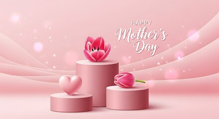 Delicate Mothers Day scene with pink tulips and heart shaped decoration on pedestals creating a loving and affectionate festive background for greetings and promotions