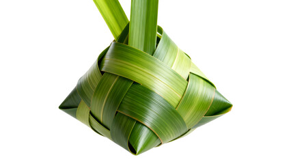 A meticulously woven green palm leaf container or food wrapper, often used in traditional Asian cuisine and festivals, set against a clean white background.