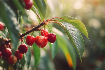 Obraz premium Ripe red cherries on a branch in a tranquil orchard at morning light