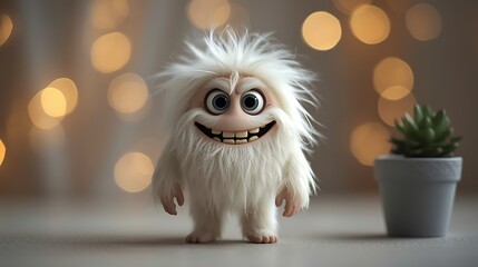 Cute fluffy white monster with big eyes and a wide smile