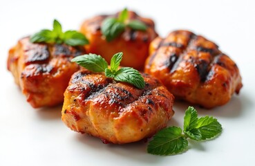 Grilled chicken tikka chunks are served with fresh mint leaves on a clean white plate. This dish offers a delicious spicy taste perfect for meals and snacks.