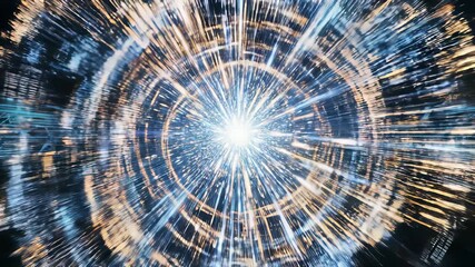 Starburst radiating energy against dark background, symbolizing technological innovation, connectivity, and progress in 4K UHD, perfect for stock media buyers seeking visuals to convey limitless.