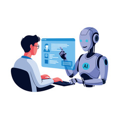 A humanoid AI robot assists a person working on a computer, illustrating human-robot collaboration in a futuristic office setting.