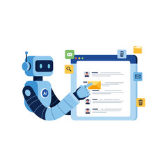 Robot pointing at email on a computer screen, with icons around it.