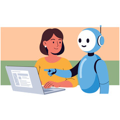 A woman and a friendly blue robot collaborate, with the robot pointing at a laptop screen, illustrating AI assistance.